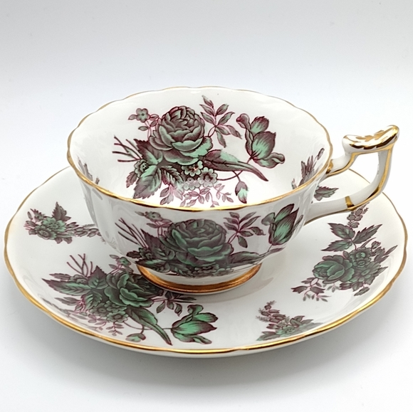 Royal Chelsea Other - Vintage 60s Royal Chelsea Bone China Teacup and Saucer, Green and Purple Flowers